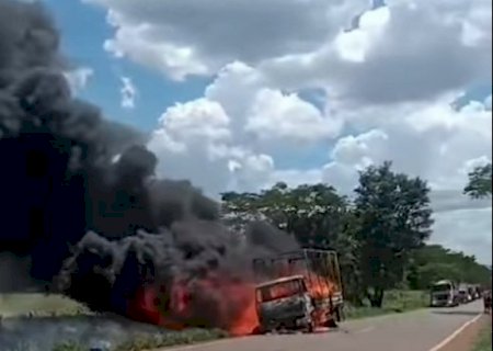 Caminhão pega fogo e é destruído na MS-156