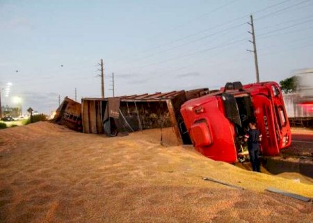Carreta tomba e espalha gr&atilde;os de milho em acostamento do anel rodovi&aacute;rio