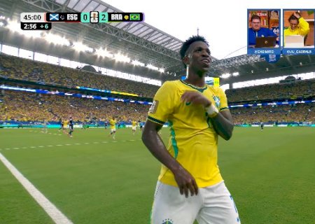 Vini Jr. marca de cabe&ccedil;a e amplia vantagem do Brasil contra Esc&oacute;cia
